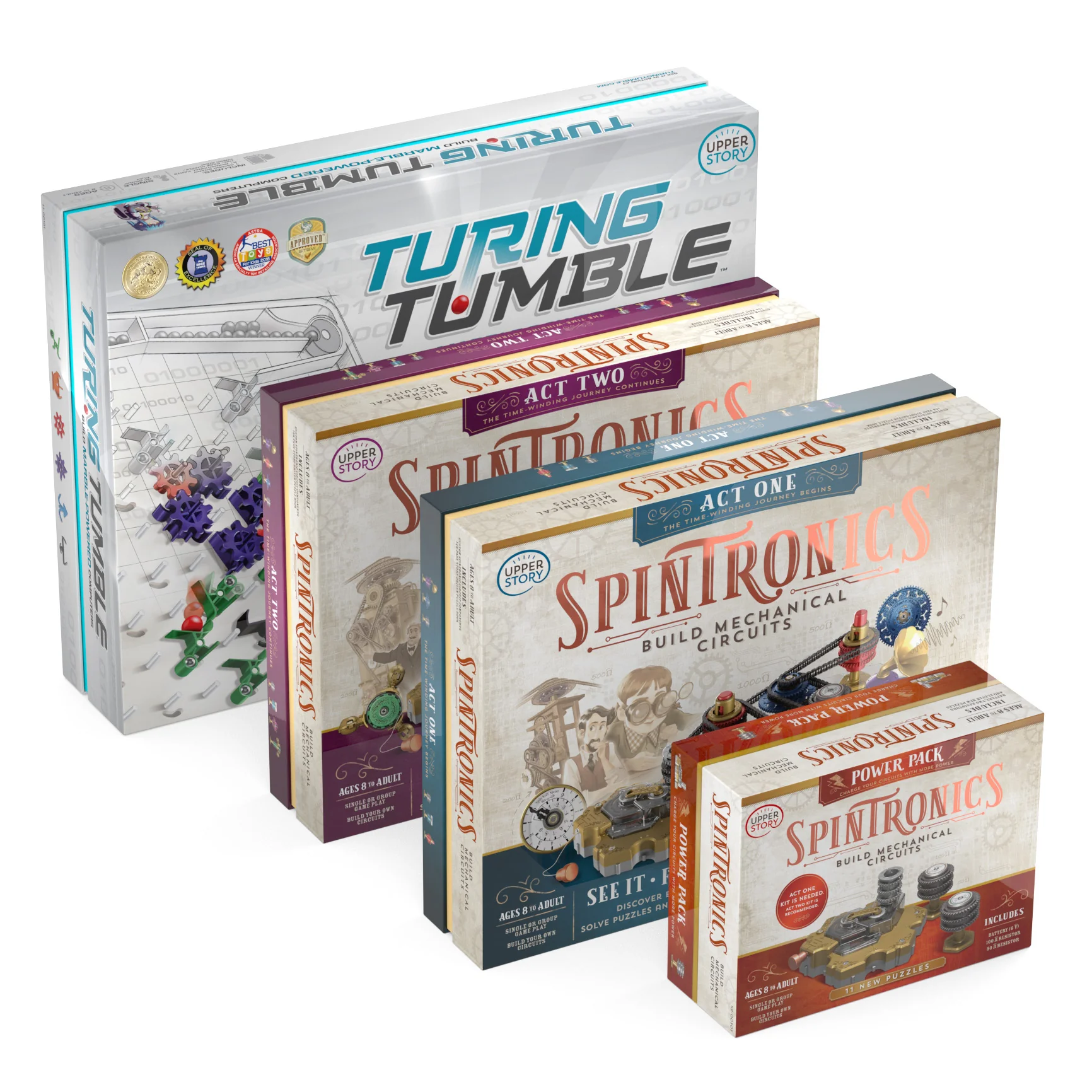 Tutti giochi Upper Story. I packaging di Spintronics atto uno, Spintronics atto due, Spintronics pachetto energia e Turing Tumble